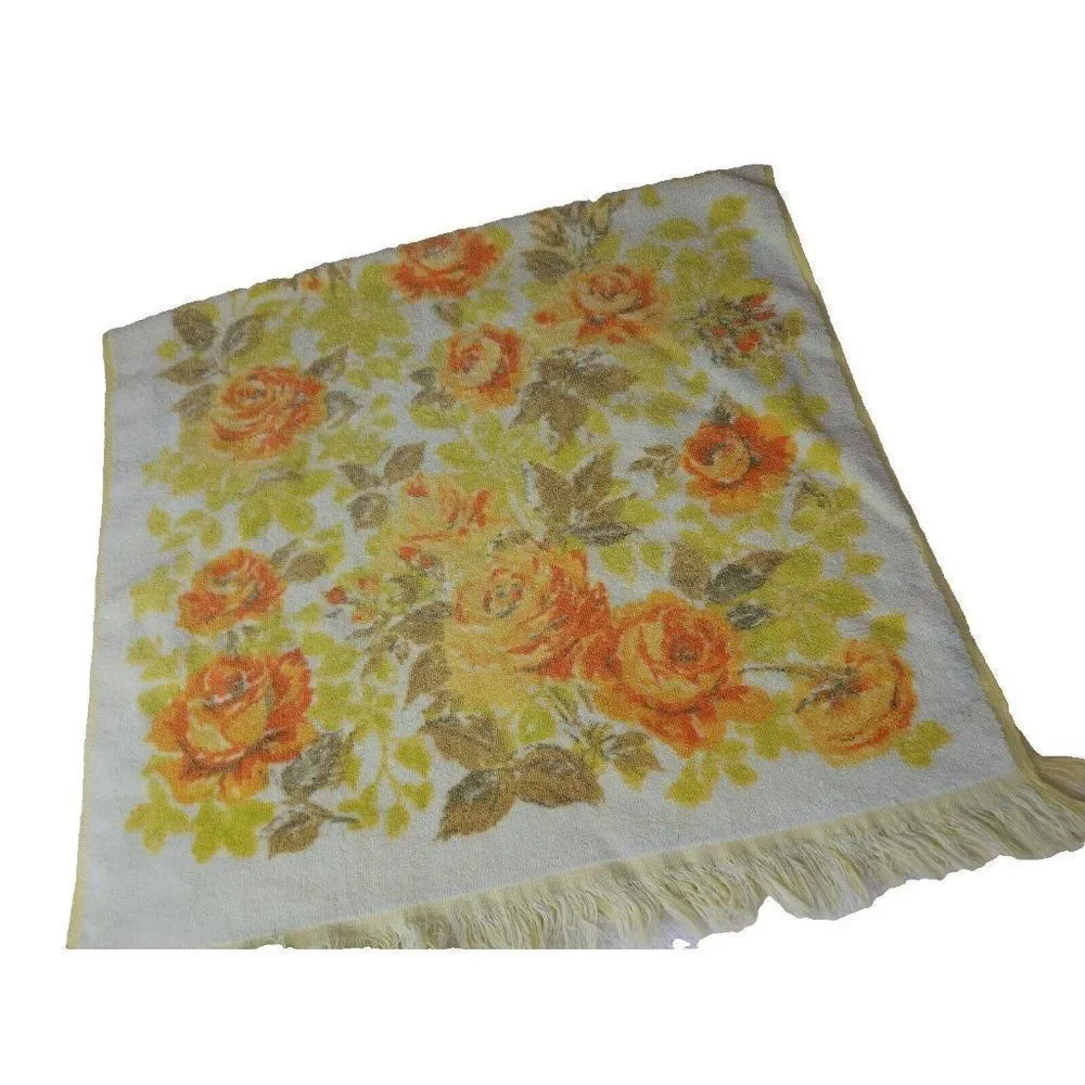 Vintage Canon 70s Bath Towel Yellow Orange Cotton Fringe Hollywood Regency